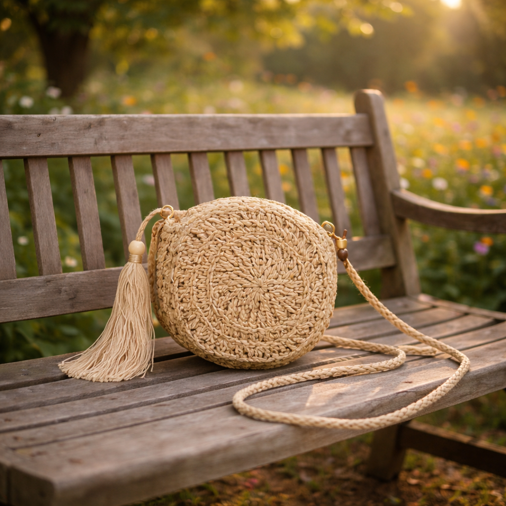 Bolso Redondo Mujer de Fibra Natural 22x4x22 cm, 3 Colores, 54875